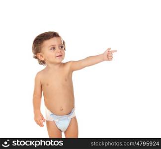Adorable baby with diaper indicating something isolated on white background