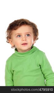 Adorable baby with green shirt isolated on a white background