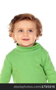 Adorable baby with green shirt isolated on a white background