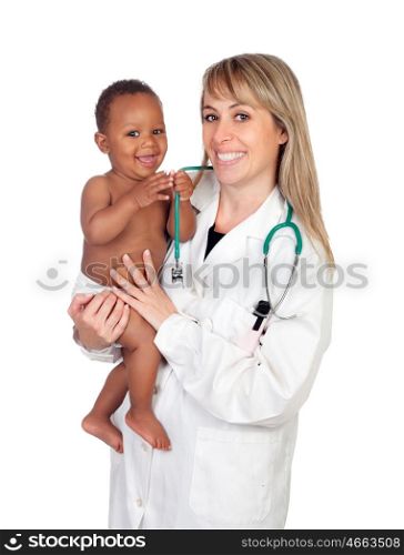 Adorable baby with his pediatrician isolated on a white background