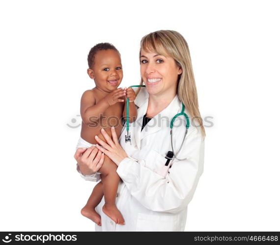 Adorable baby with his pediatrician isolated on a white background