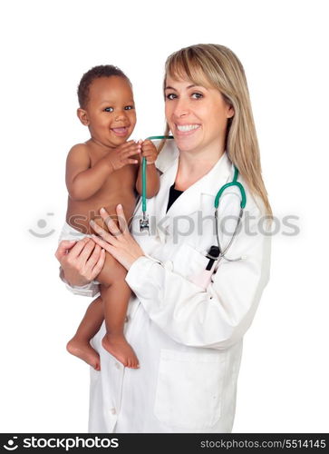 Adorable baby with his pediatrician isolated on a white background