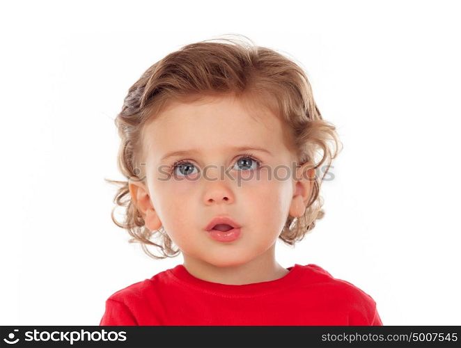 Adorable baby with two years old and red jersey looking up isolated on a white background