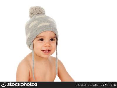Adorable baby with wool cap isolated on a white background