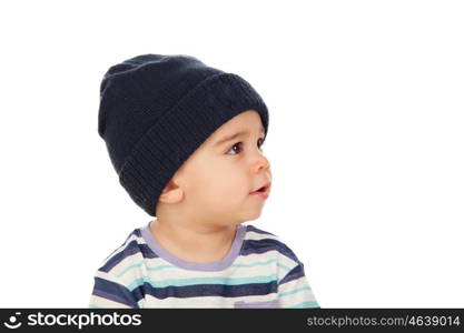 Adorable baby with wool cap isolated on a white background