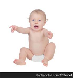 Adorable blond baby in diaper crying sitting on the floor isolated on a white background