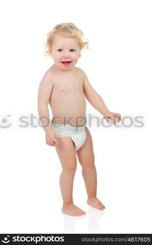 Adorable blond baby with two years in diaper isolated on white background