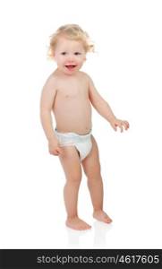 Adorable blond baby with two years in diaper isolated on white background