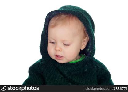 Adorable blond baby with wool jersey hoodie covering his head isolated on a white background