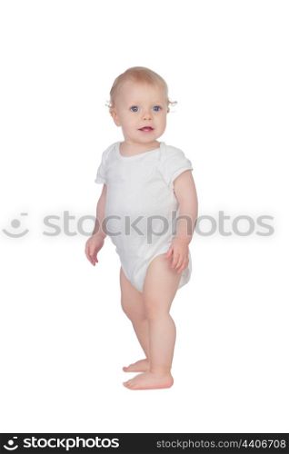 Adorable blonde baby in underwear isolated on a white background