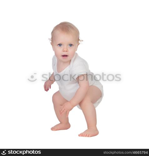 Adorable blonde baby in underwear isolated on a white background