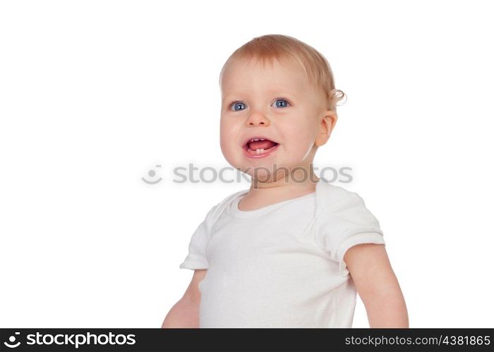 Adorable blonde baby in underwear smiling isolated on a white background