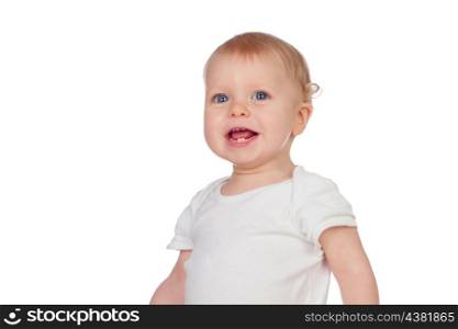 Adorable blonde baby in underwear smiling isolated on a white background