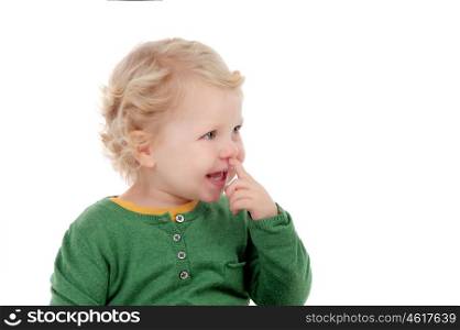 Adorable blonde baby looking at side isolated on a white background