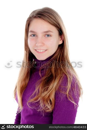 Adorable blonde teenager looking at camera isolated on a white background