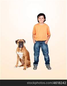 Adorable boy and his dog isolated on orange background