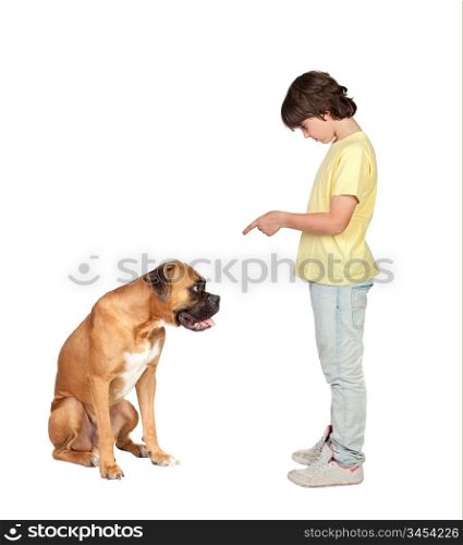 Adorable boy and his dog isolated on white background