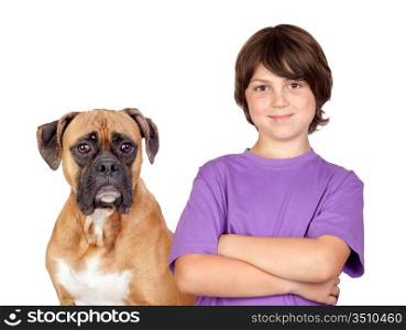 Adorable boy and his dog isolated on white background