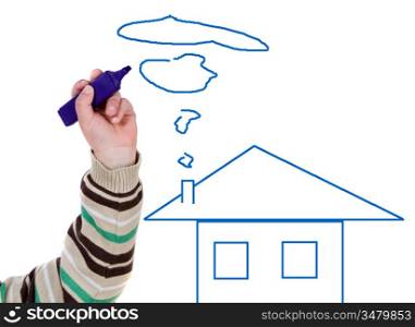 Adorable boy drawing a house on a over white background