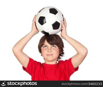 Adorable boy dreaming about being soccer player
