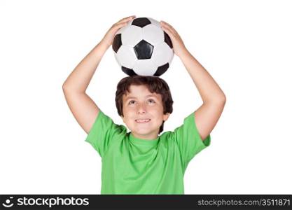 Adorable boy dreaming about being soccer player