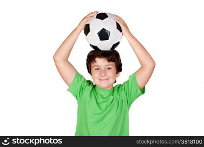 Adorable boy dreaming about being soccer player