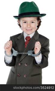 adorable boy dressed gangster a over white background