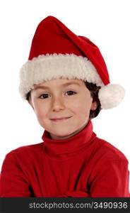 Adorable boy dressed in red hat with Christmas