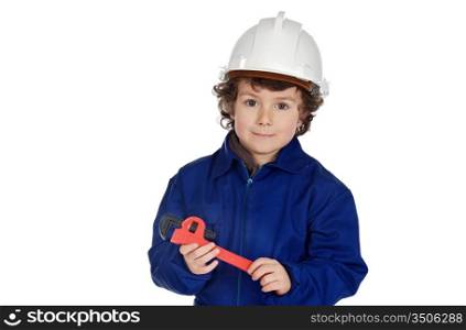 Adorable boy dressed of repairman on a over white background
