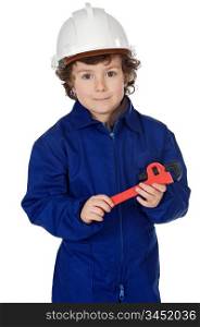 Adorable boy dressed worker in a hammer and a helmet a over white background