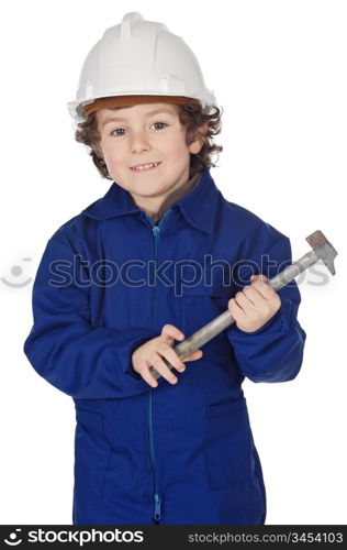 Adorable boy dressed worker in a hammer and a helmet a over white background