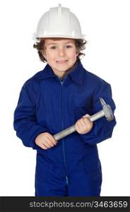 Adorable boy dressed worker in a hammer and a helmet a over white background