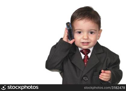 Adorable Boy In Business Suit with Cellphone