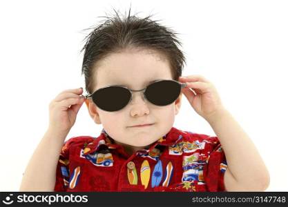 Adorable Boy In Dark Sunglasses And Hawaiian Shirt.