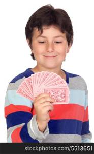 Adorable boy playing cards isolated on a over white background