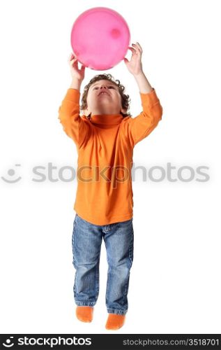 adorable boy playing with balloon a over white background
