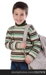 Adorable boy student with backpack isolated over white