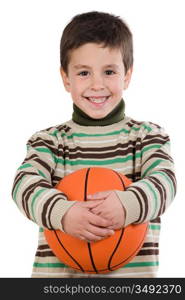 Adorable boy student with basketball isolated over white
