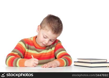 Adorable boy studying a over white background