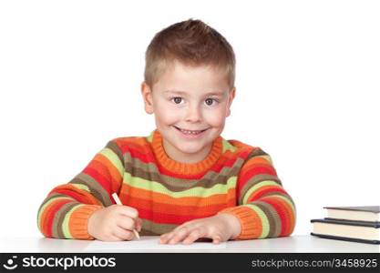 Adorable boy studying a over white background