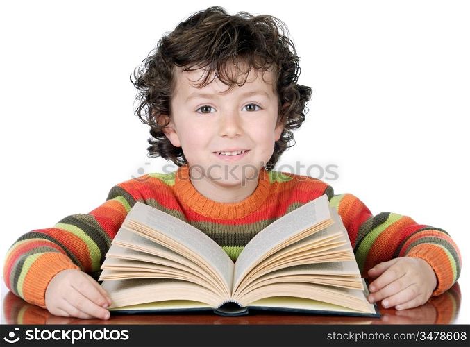 adorable boy studying a over white background