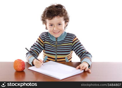 adorable boy studying a over white background