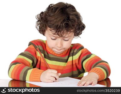 adorable boy studying a over white background