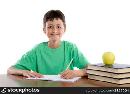 Adorable boy studying on a over white background