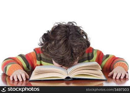 adorable boy tired to study a over white background