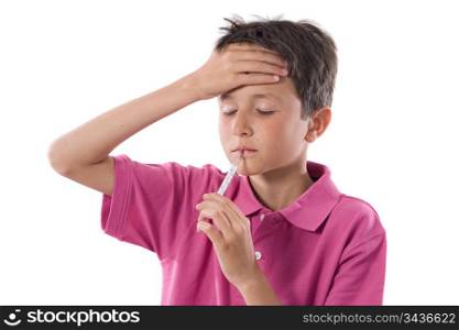 Adorable boy whit thermometer on a over white background