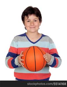 Adorable boy with a basket ball isolated on a over white background