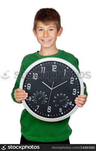 Adorable boy with a big clock isolated on white background