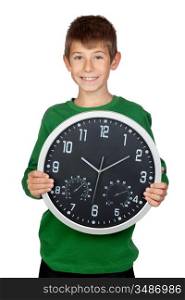 Adorable boy with a big clock isolated on white background