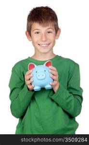 Adorable boy with a blue moneybox isolated on a over white background